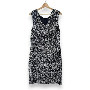 Adrianna Papell Womens Animal Print 14 Black White Stretch Pleated Sheath Dress